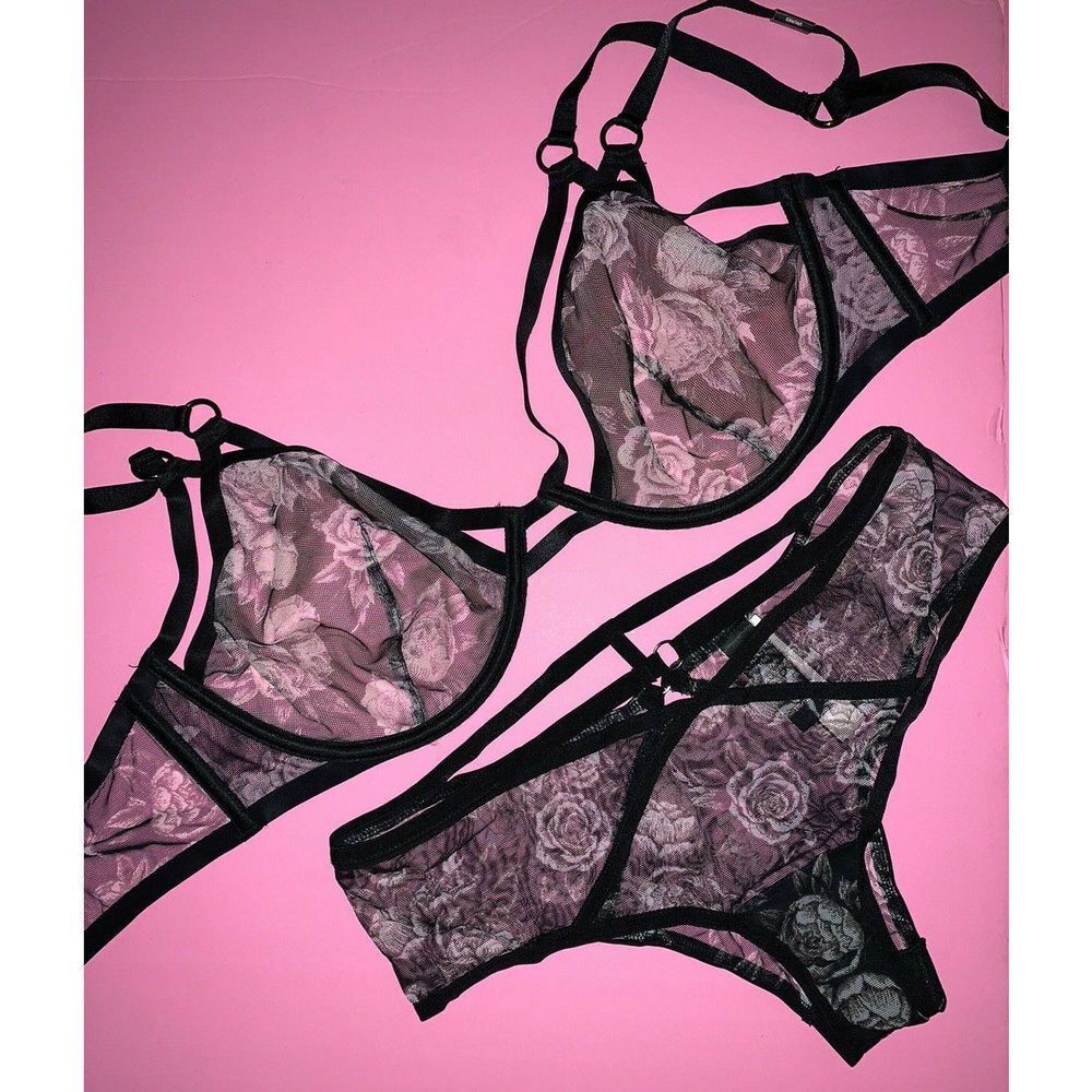 Victoria's Secret unlined 34DD BRA SET S,M panty strappy black pink ROSE floral